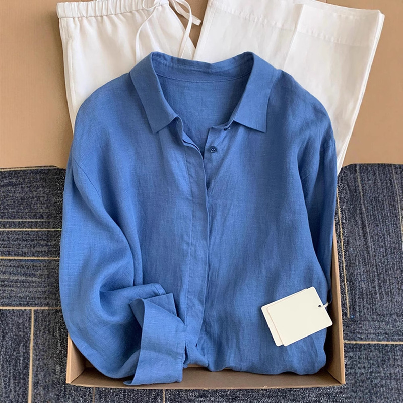 French Blue Linen Shirt Women's Summer Thin Loose Old Money Wind Linen Shirt Long Sleeve Sunscreen Cotton Linen Top