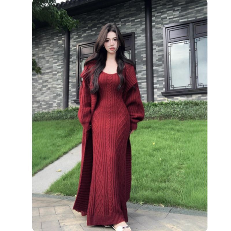 秋冬感长款针织吊带连衣裙两件套温柔慵懒风毛衣开衫松弛感厚|undefined