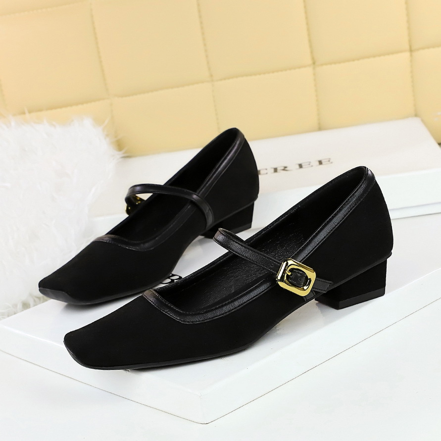 8292-1 Retro One Belt Mary Jane Shoes Metal Leopard Pattern Square Head Women's Shoes Low Heel Coarse Heel Suede Shallow Mouth Single Shoe