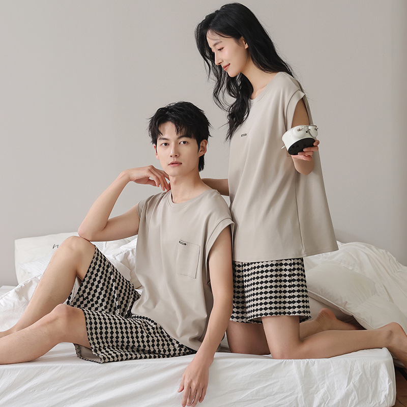 Pijamas de pareja para mujer con almohadilla para el pecho pantalones cortos sin mangas de algodón fino de verano para hombre traje de servicio a domicilio de talla grande suelto