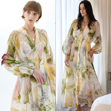 欧美复古田园印花花仙子长袖衬衫裙高级感V领大摆度假风连衣裙长