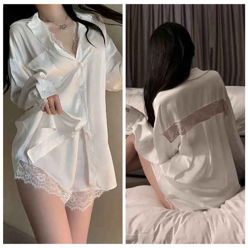 Sexy Shirt Shorts Home Clothes suit Simple High-end Sense White Hollow Lace Stitching Sexy Shirt Shorts Home Clothes suit Simple High-end Sense White Hollow Lace Stitching