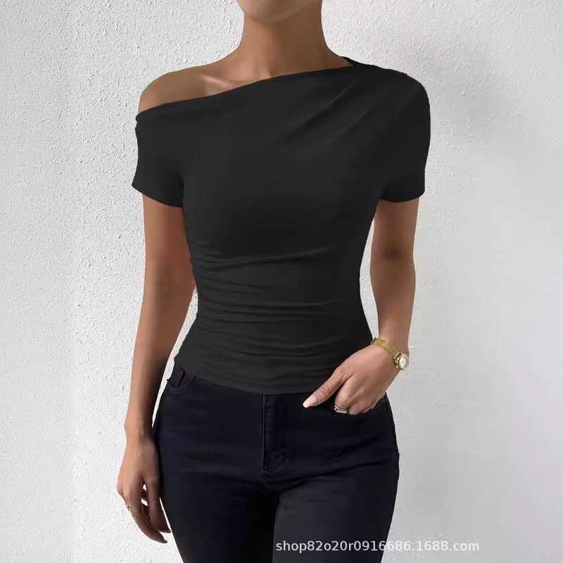 Spring and summer new slim pleated irregular short sleeve T-shirt top