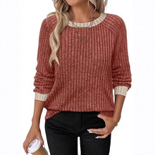 亚马逊欧美女装外贸跨境2025秋冬坑条磨毛打底拼色圆领长袖上衣女