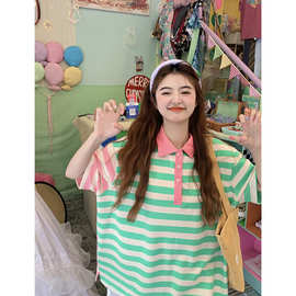 中长款撞色拼接条纹polo领短袖T恤女夏宽松立体花朵上衣SX2651