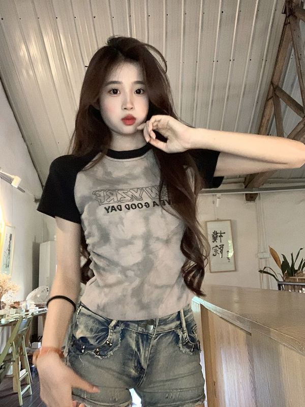 13ライン高品質タイダイラグランスリーブTシャツレディース半袖夏右肩ショートファッションヨーロッパトップス|undefined