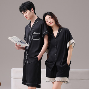 Couple Pajamas Summer Ice Silk Men's and Women's Lapel Short-Sleeved Shorts Summer Simulated Silk Cool Home Wear Set