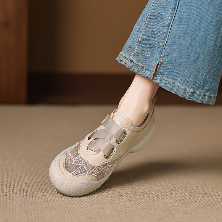 Giày sneaker nữ phối màu da thật lỗ thoáng khí đế bệt buộc dây kết hợp miếng dán — màu trắng ngà chi tiết 29