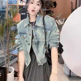 欧货洋气牛仔外套女春秋美式复古做旧感休闲百搭短款夹克上衣