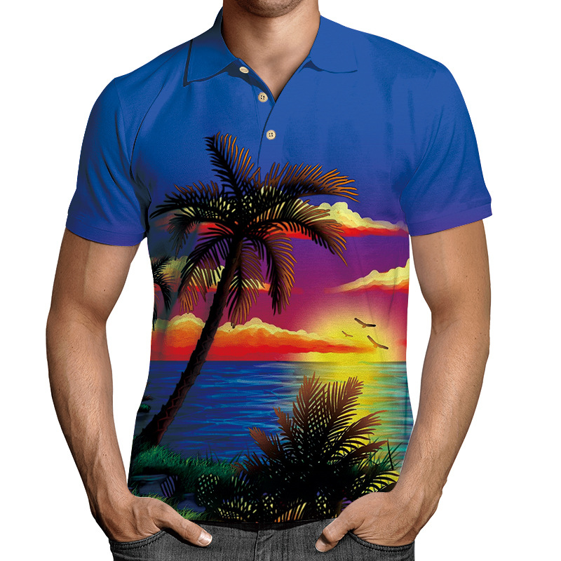 2023 Novo Pulôver de Manga Curta com Gola Impressa 3D Múltipla Casual Camiseta Polo Masculina Botão_voghion.com