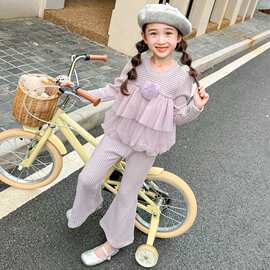 女小童春秋款韩版套装女宝宝时髦喇叭裤两件套小女孩网纱爱心秋装