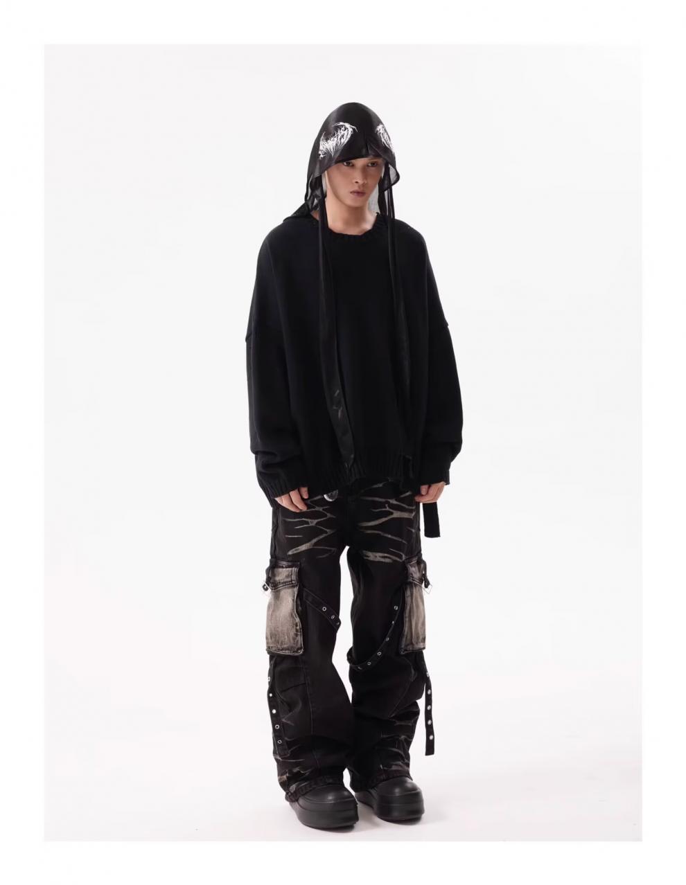 Jean cargo rétro ondulé à poches multiples et lacets pour homme, coupe droite, robuste et ample._voghion.com