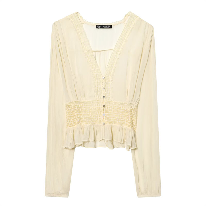 Myst&Za2026 Spring and Summer New Women's Clothing Lace Splicing Translucent V-Neck Tulle Shirt 7521/015