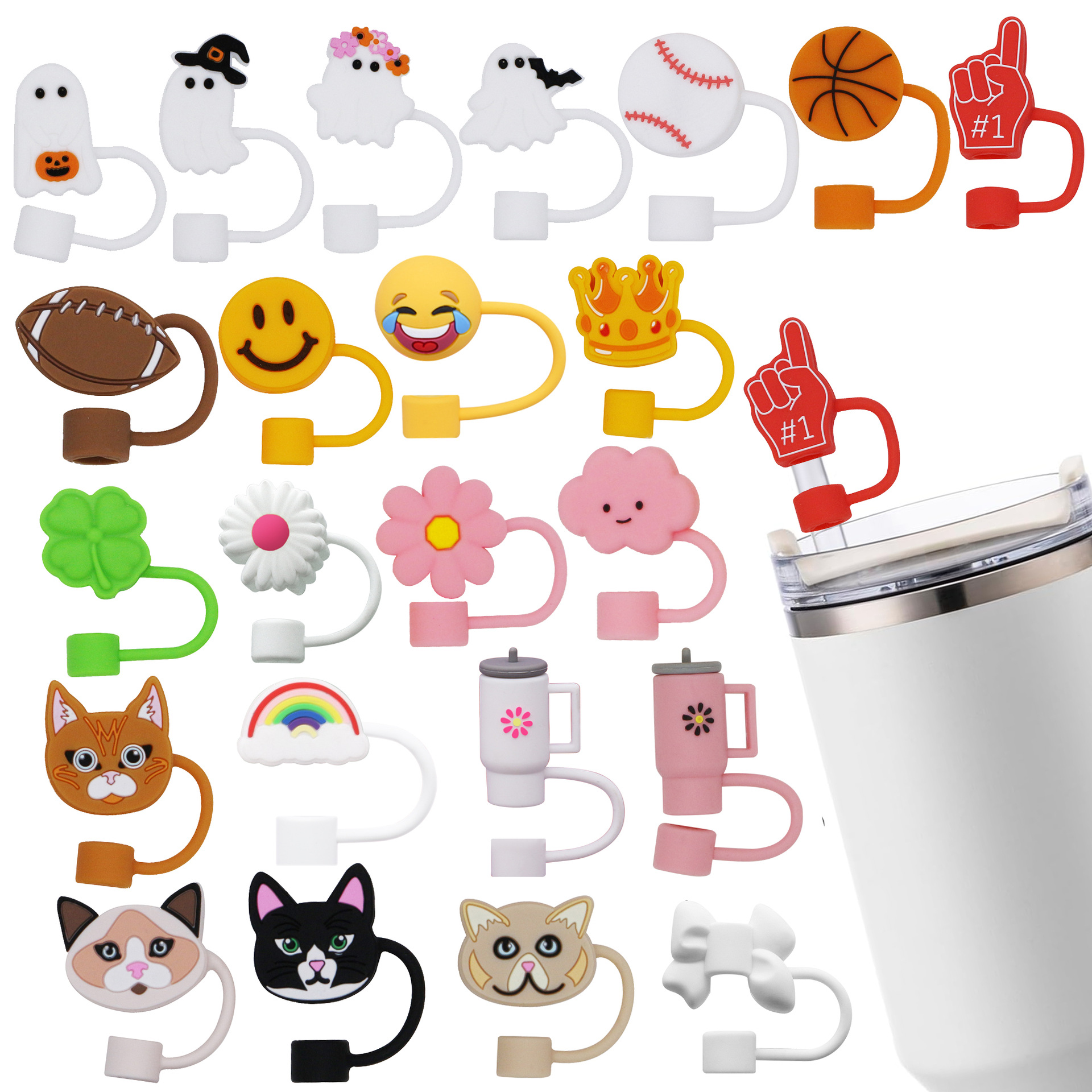 Inventario de explosión de copas de hielo crisantemo tapa de paja cubierta de polvo Stanley flor manga de paja de 10 mm tapa de paja de silicona