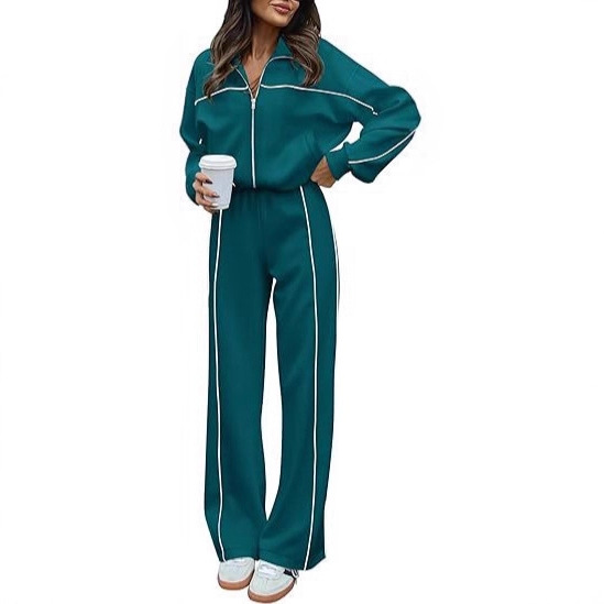 New European and American Fashion Two-Piece Women's Sports Suit Autumn and Winter High-Neck Long-Sleeved Zipper Sweatshirt Casual Stripesd Pants