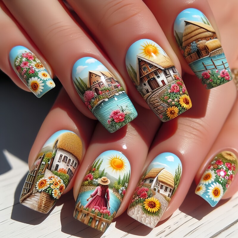 European and American Ins Style Mid-Length European Square Manicure Patches Pastoral Art Style Colorful Smudged Fashion European and American Fashion
