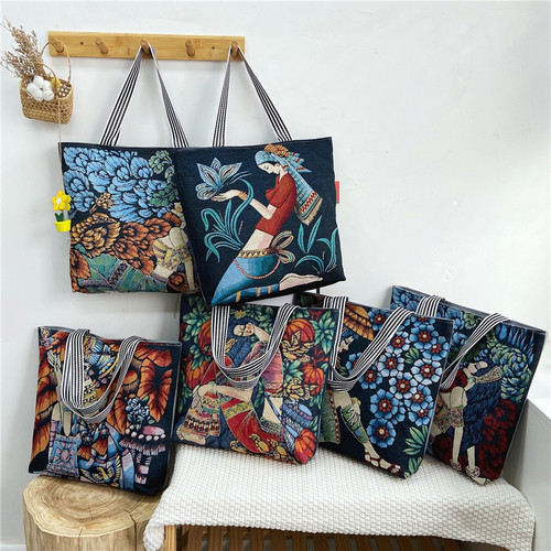 Bags for Ladies: Fashionable New Top-handle Canvas Tote Bag with Hand-painted European and American Retro Style Shoulder Bag
