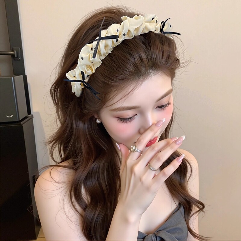 气质百搭褶皱波点发箍女高级感蝴蝶结头箍带齿防滑高颅顶发卡头饰|undefined