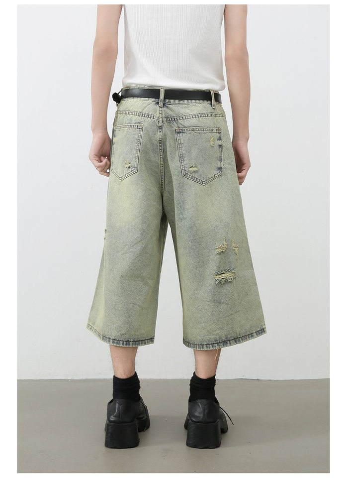 Quần short jean nam ống rộng ống thẳng dáng lửng rách nhẹ — Màu xanh lam chi tiết 14