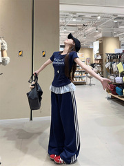 紺色のスリム半袖tシャツ女性の夏のセット