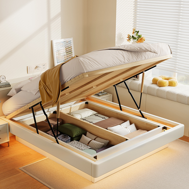 All Solid Wood Bedside Suspended Storage Bed Row Frame Small Apartment Air Pressure High Box Storage Box Tatami Bed