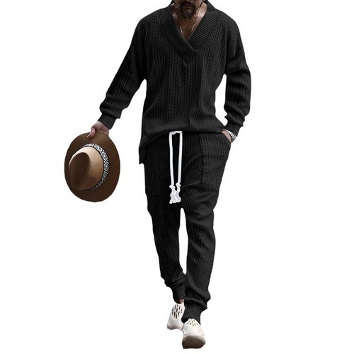 2025 Amazon New European and American Style Men's Casual Trousers V-neck Versatile Jacquard Knitted Sweater Men's Autumn Suit