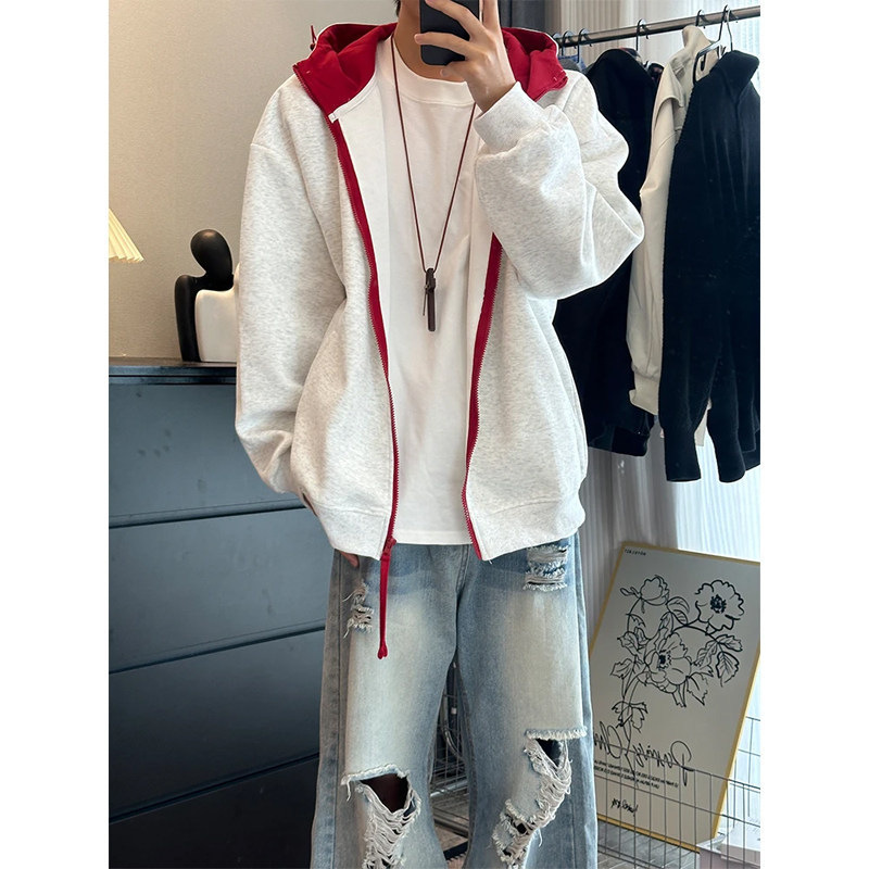 Cleanfit sweatshirt in floral gray color block, hooded cardigan for men and women, heavy weight couple's jacket for autumn and winter, stiff jacket