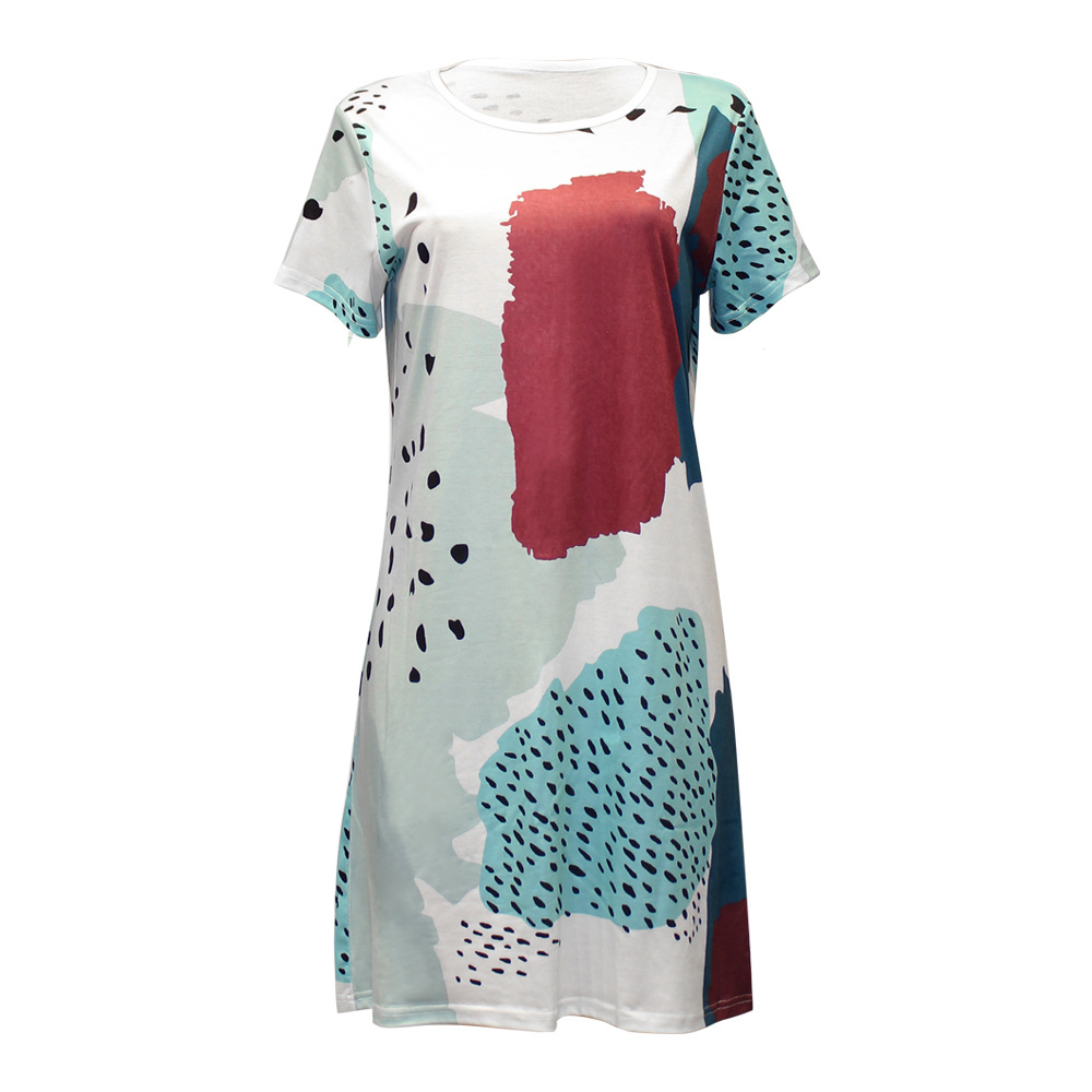 Summer Floral Print round Neck Short Sleeve Casual Dress Women