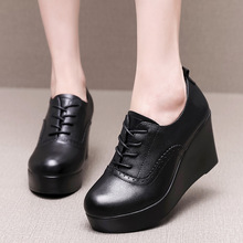牛皮手工复古厚底女鞋秋系带坡跟加绒深口高跟松糕单鞋43大码皮鞋