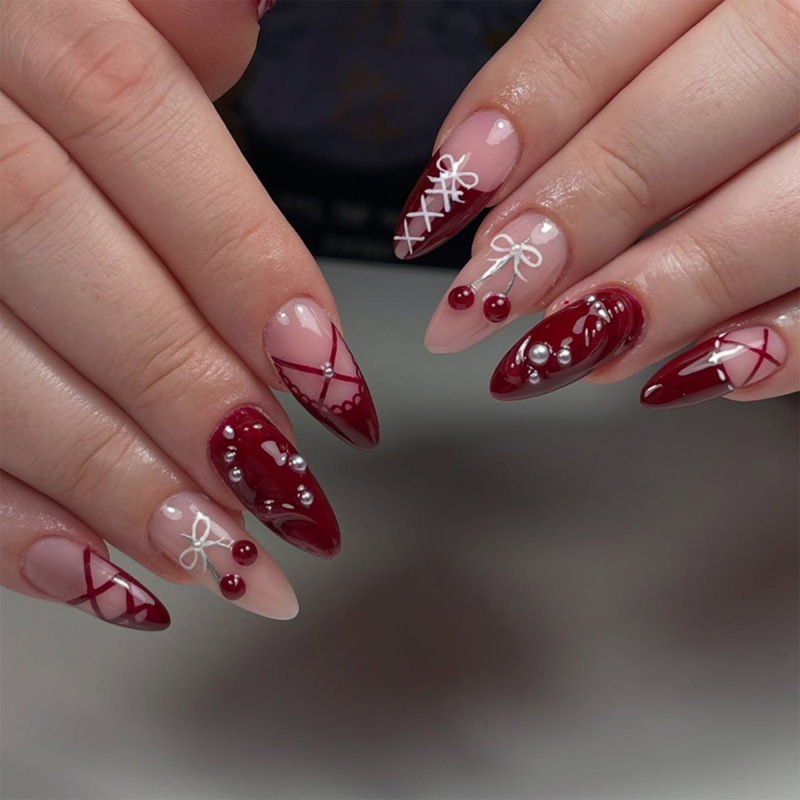 Valentine's Day Sweet and Spicy Cherry Bow Wearable Nails Wine Red Pink Lace Manicure Removable Nail Patch