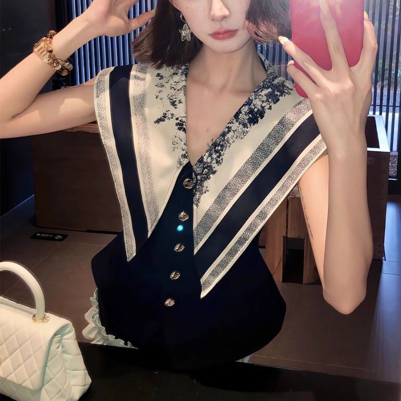 小个子女装时尚套装夏季气质轻奢学院风海军领拼接上衣短裙两件套|undefined