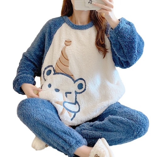 Flannel Pajamas Female Cartoon Autumn and Winter Cartoon Long Sleeve Pullover Home Clothes Coral Fleece Suit Variety