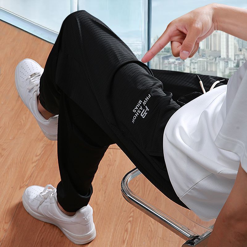 夏用メンズメッシュアイスシルクパンツ、薄手の韓国風レギンス、カジュアルで涼しいスポーツトレンド、スリムに見える万能9点パンツ|undefined
