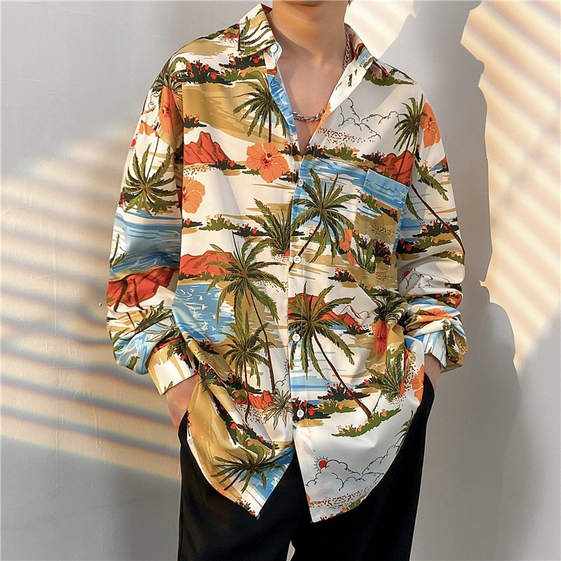 One-piece dropshipping cross-border floral shirt men's long-sleeved autumn design with a unique niche and trendy vibe, high-end drape.