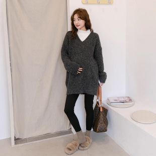 Winter Maternity Wear Korean V-neck Pregnant Women's Sweater Midi Loose Elastic Pregnant Women's Knitted Sweater plus size Long Sleeve