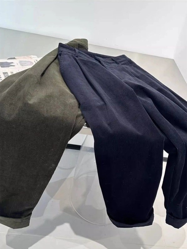 复古墨绿色灯芯绒阔腿裤子女早秋高腰气质通勤宽松直筒翻边休闲裤|undefined