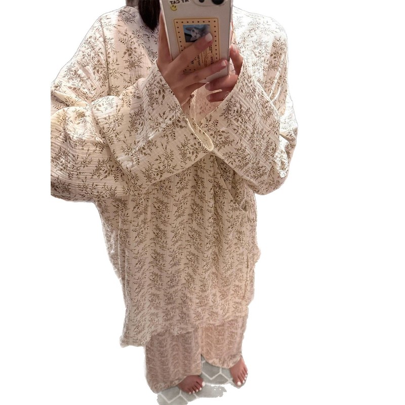 韩系ins温柔甜美碎花棉纱睡衣女秋季新款宽松小众休闲家居服套装|undefined