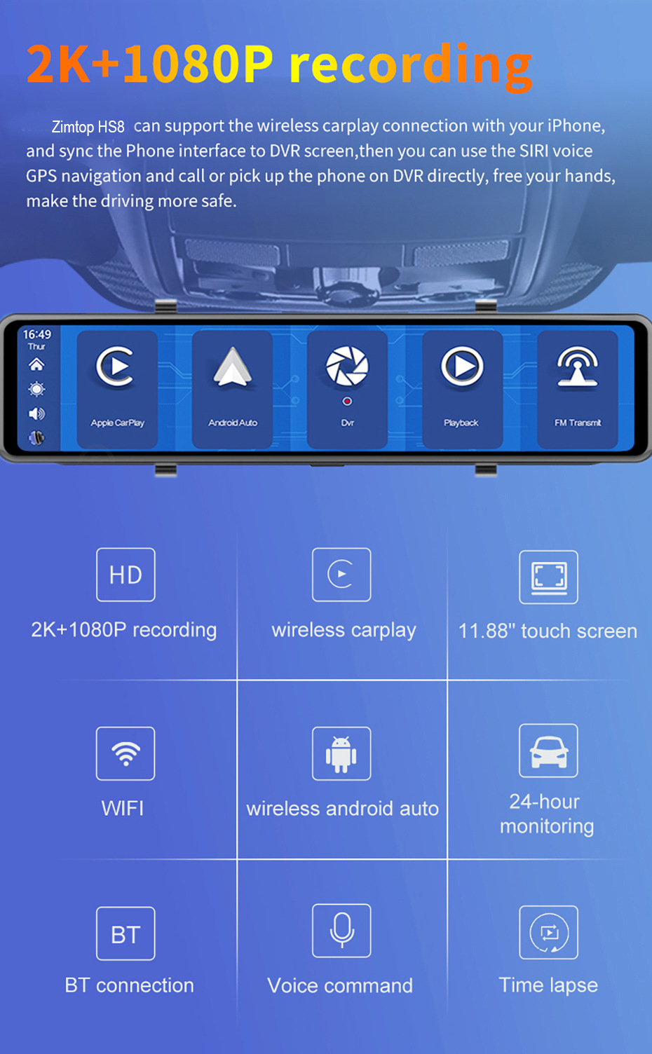 9.66inch 10.3inch 12inch Wireless Carplay Screen Mirroring 4K1080P Rearview Mirror Dual-Channel Dash Cam