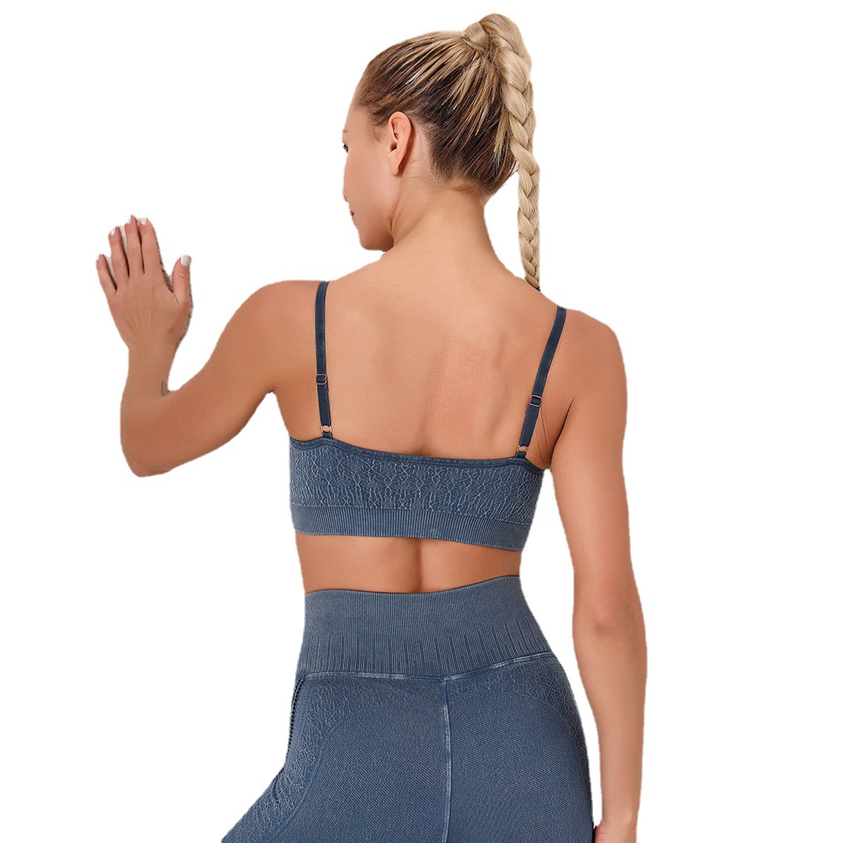 Liquidación: Sujetador deportivo sin costuras de jacquard lavado con diseño de trenzado hueco, camisola de fitness, ropa de yoga, top deportivo para mujer.