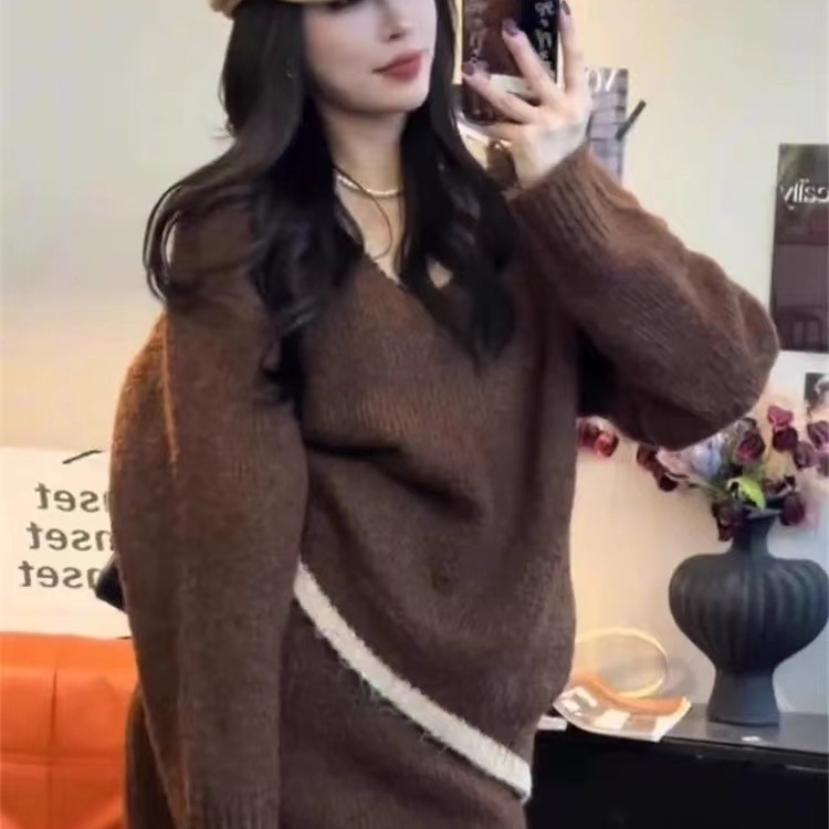 韩系复古套装女2025秋冬季新款针织衫咖色毛衣搭配小众半身短裙子|undefined