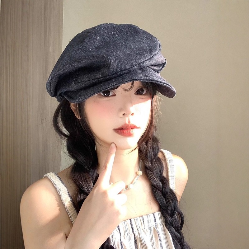 日系小众复古褶皱汉麻贝雷帽女2025新款大头围显脸小八角帽画家帽|undefined