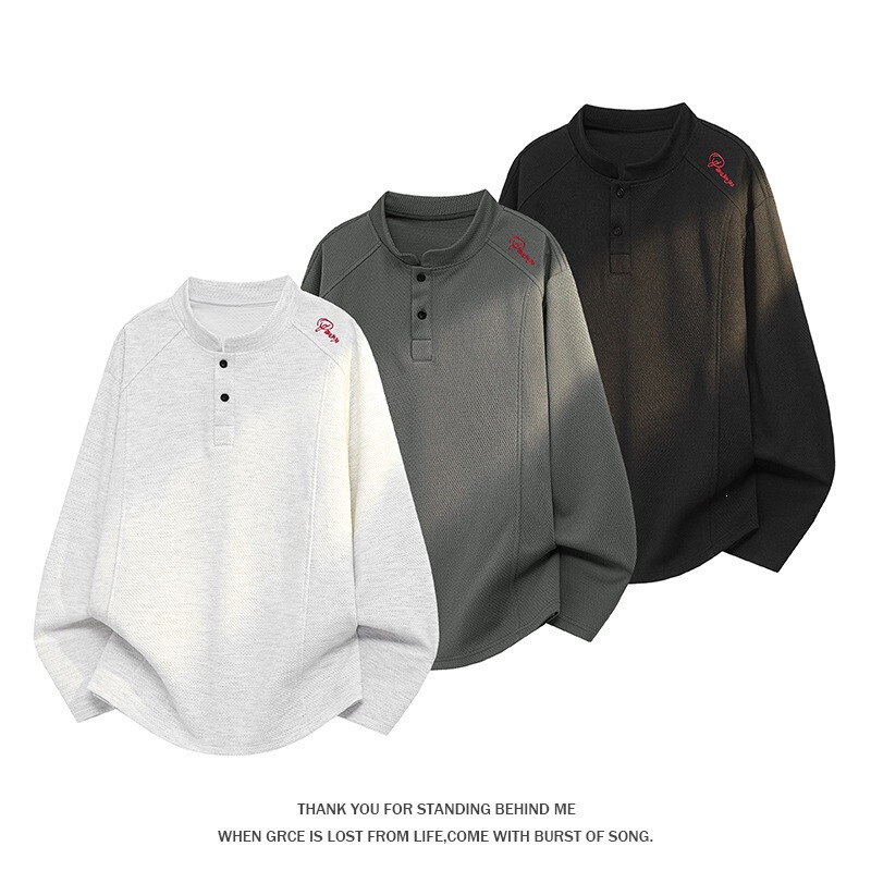 Henley collar long-sleeve t-shirt for men, autumn and winter 2026 new style, loose-fitting cross-border embroidered top, men's casual versatile base shirt Henley collar long-sleeve t-shirt for men, autumn and winter 2026 new style, loose-fitting cross-border embroidered top, men's casual versatile base shirt