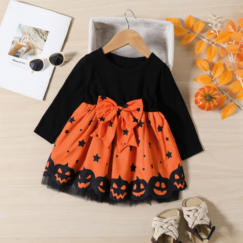 Girls' Halloween Long-Sleeved Dress, Black and Orange Color-Blocking, Big Bow, Stars, Pumpkin Mesh Princess Dress Girls' Halloween Long-Sleeved Dress, Black and Orange Color-Blocking, Big Bow, Stars, Pumpkin Mesh Princess Dress