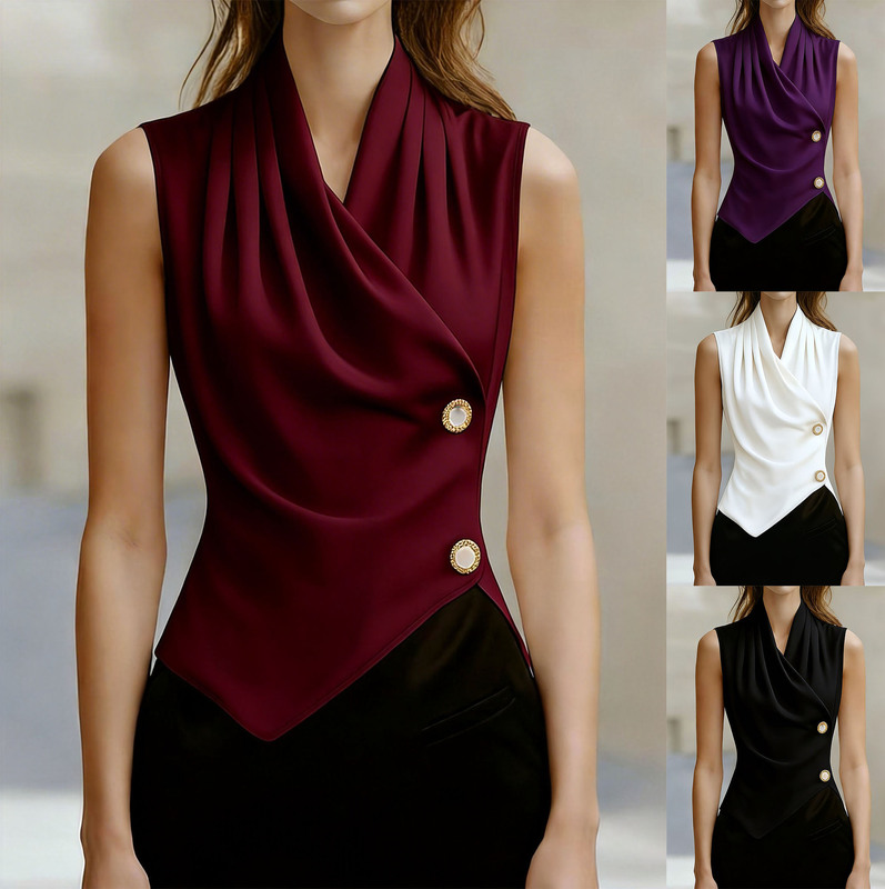 2026 European and American Amazon Cross-Border Stylish Commuter Twist-Knot Pleated Sexy Versatile Sleeveless Shirt 882611