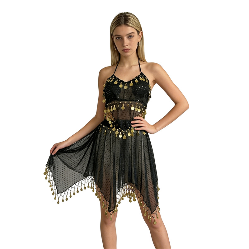 Belly Dance Performance Outfit Set, Sequined Tassel Halter Top, Party Short Skirt, Indian and Egyptian Dance Stage Costume