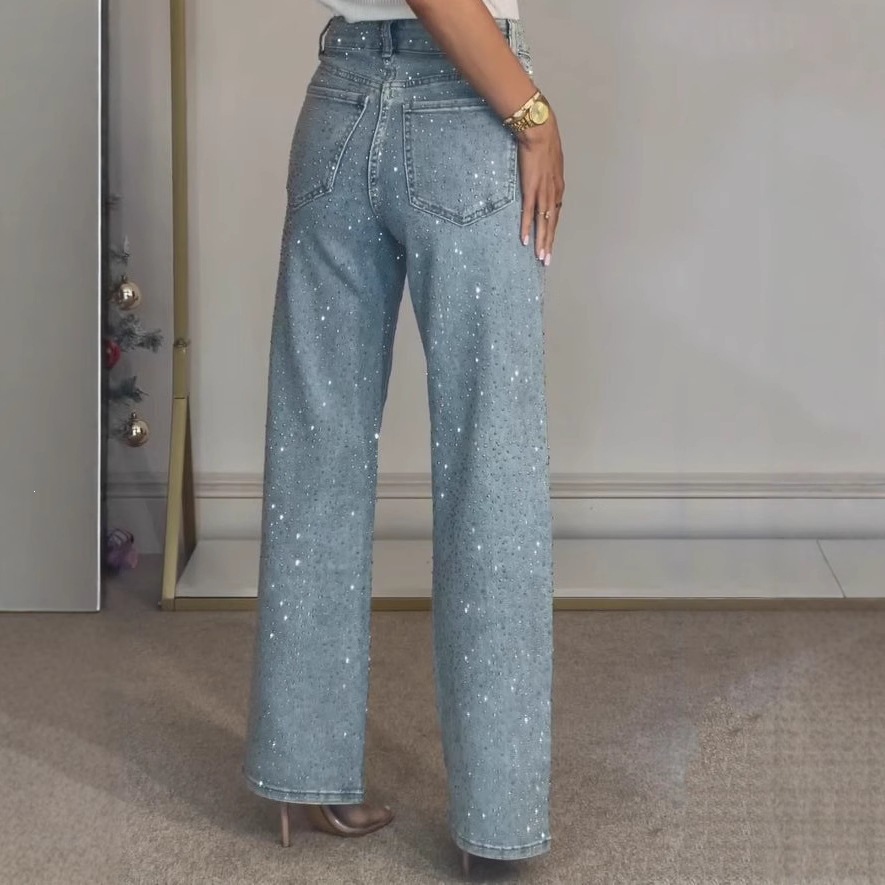 Women's High-Waisted Straight Leg Jeans Full Diamond Washed Denim Loose Fit European And American Style_mkmklike.com