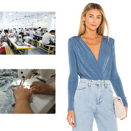春季新款衬衫女设计感小众蓝色V领长袖针织衫欧美设计师品牌女装