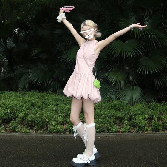 French Style Sleeveless Neck Hanging dress Children's Summer 2025 New Arrival Waist Tight Tutu Skirt Elegant Flower Bubble Skirt