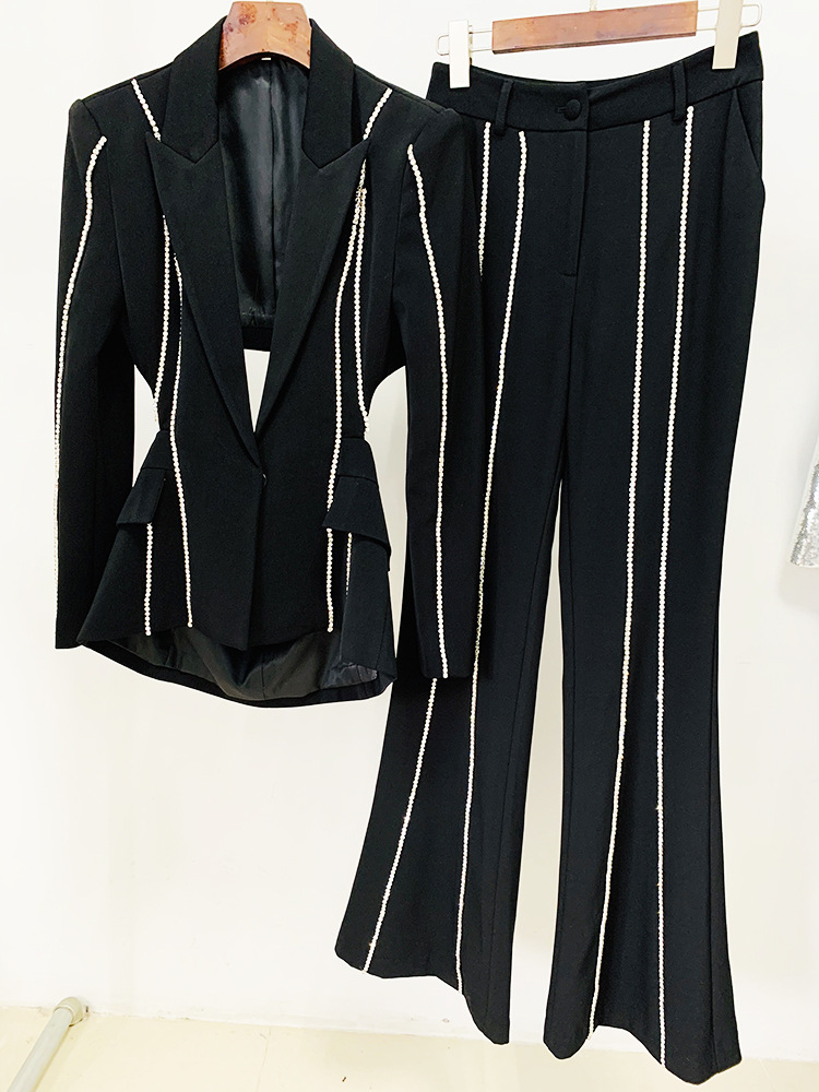GraceChic En stock 2025 Mode européenne-américaine Nouveau style mondain élégant Ensemble blazer et pantalon deux pièces ajouré en strass_voghion.com