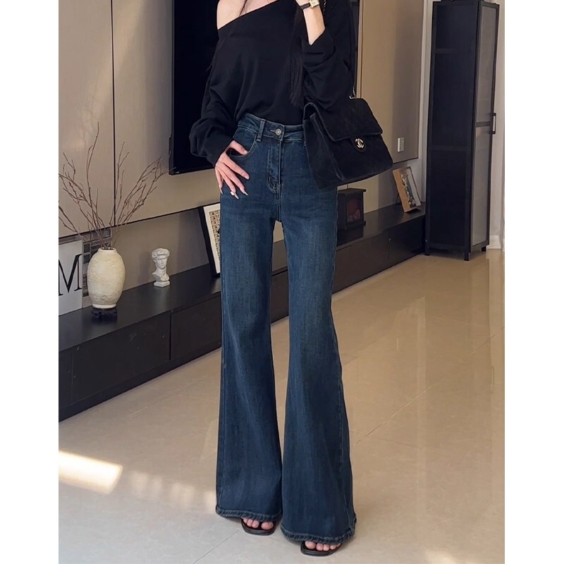 复古蓝高腰微喇牛仔裤女2025年秋季新款宽松显瘦不贴腿百搭喇叭裤|undefined
